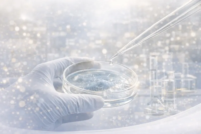 Gloved hand holding a petri dish