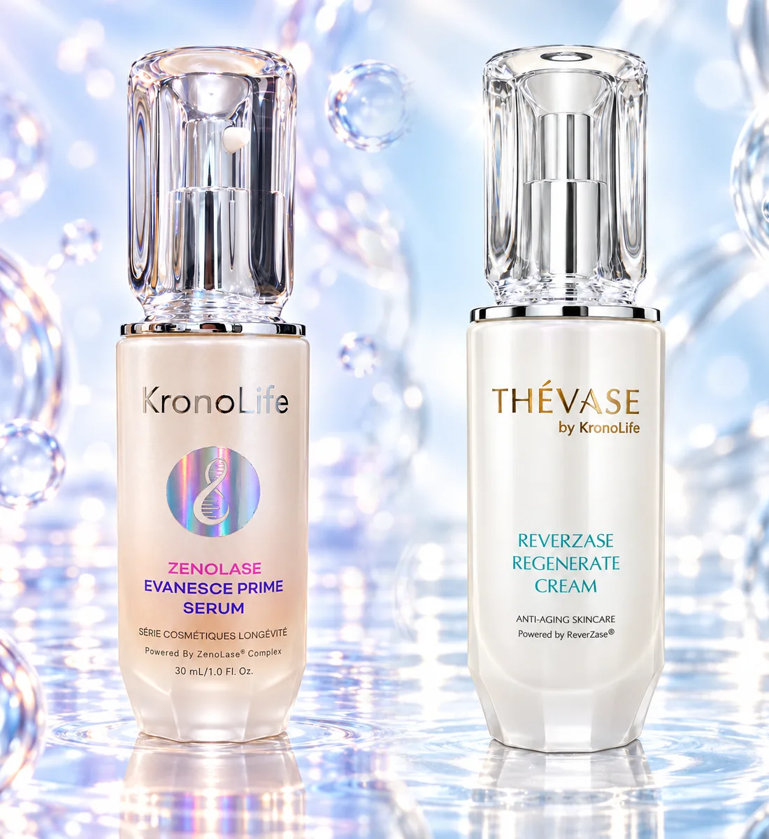 ขวด ZenoLase Evanesce Prime Serum และ THÉVASE ReverZase Regenerate Cream บนพื้นหลังฟองอากาศสีฟ้า