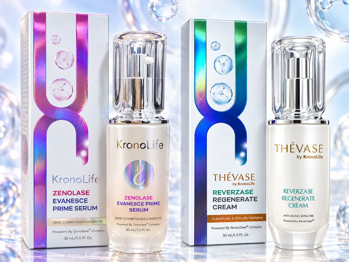 ZenoLase Evanesce Prime Serum and THÉVASE ReverZase Regenerate Cream with their boxes against light-blue bubbles