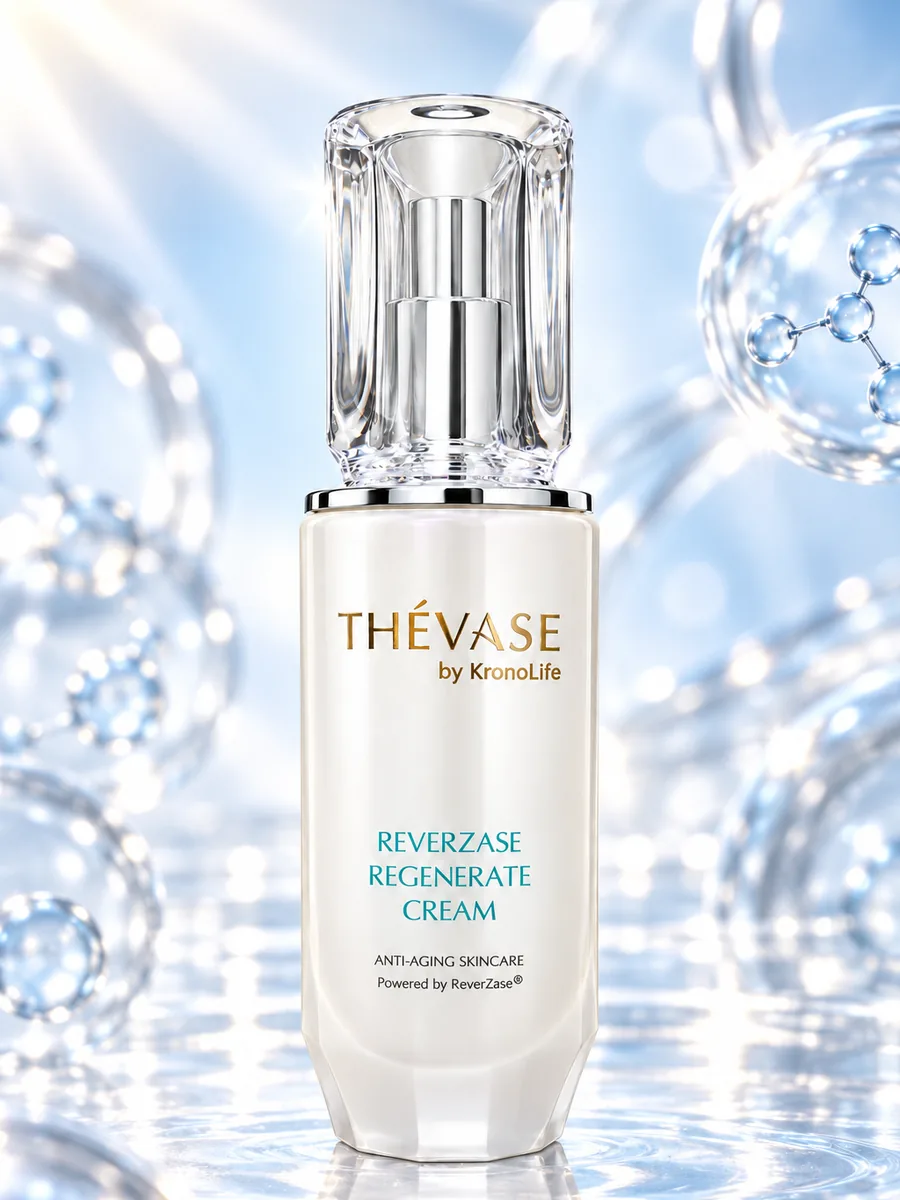 THÉVASE by KronoLife ReverZase Regenerate Cream ขวดสีขาวมุกฝาใส บนพื้นหลังฟองอากาศสีฟ้า