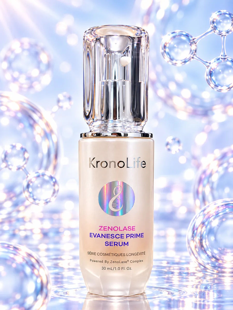 ZenoLase Evanesce Prime Serum ขวดสีขาวมุกฝาใส บนพื้นหลังฟองอากาศโทนม่วงอ่อนและฟ้า